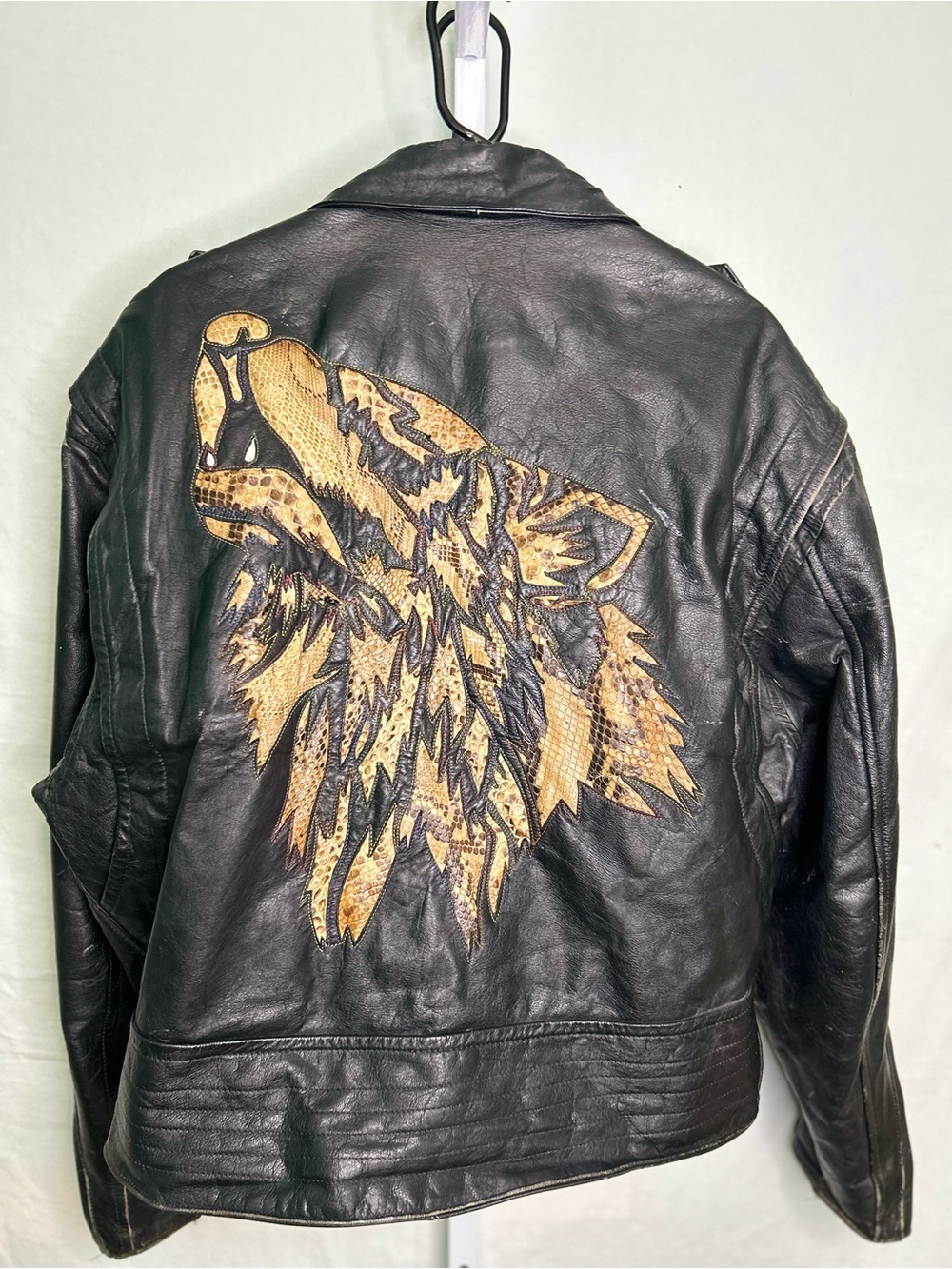 Vintage Leather Motorcycle Jacket Snakeskin Embossed Wolf Patch Biker